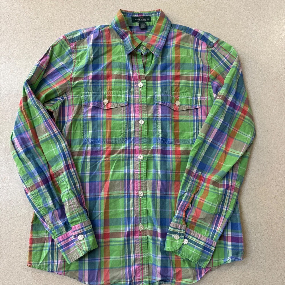 Lauren Ralph Lauren Plaid Button Down Shirt XS Green Pink Roll Tab Sleeve Cotton